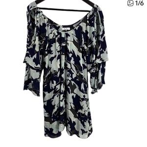 Parker Navy and Light Blue 100% silk Floral Cold-Shoulder Midi Dress